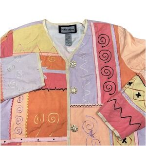 Indigo Moon Pastel Patchwork Embroidered‎ Cardigan Jacket Linen Blend Women's M